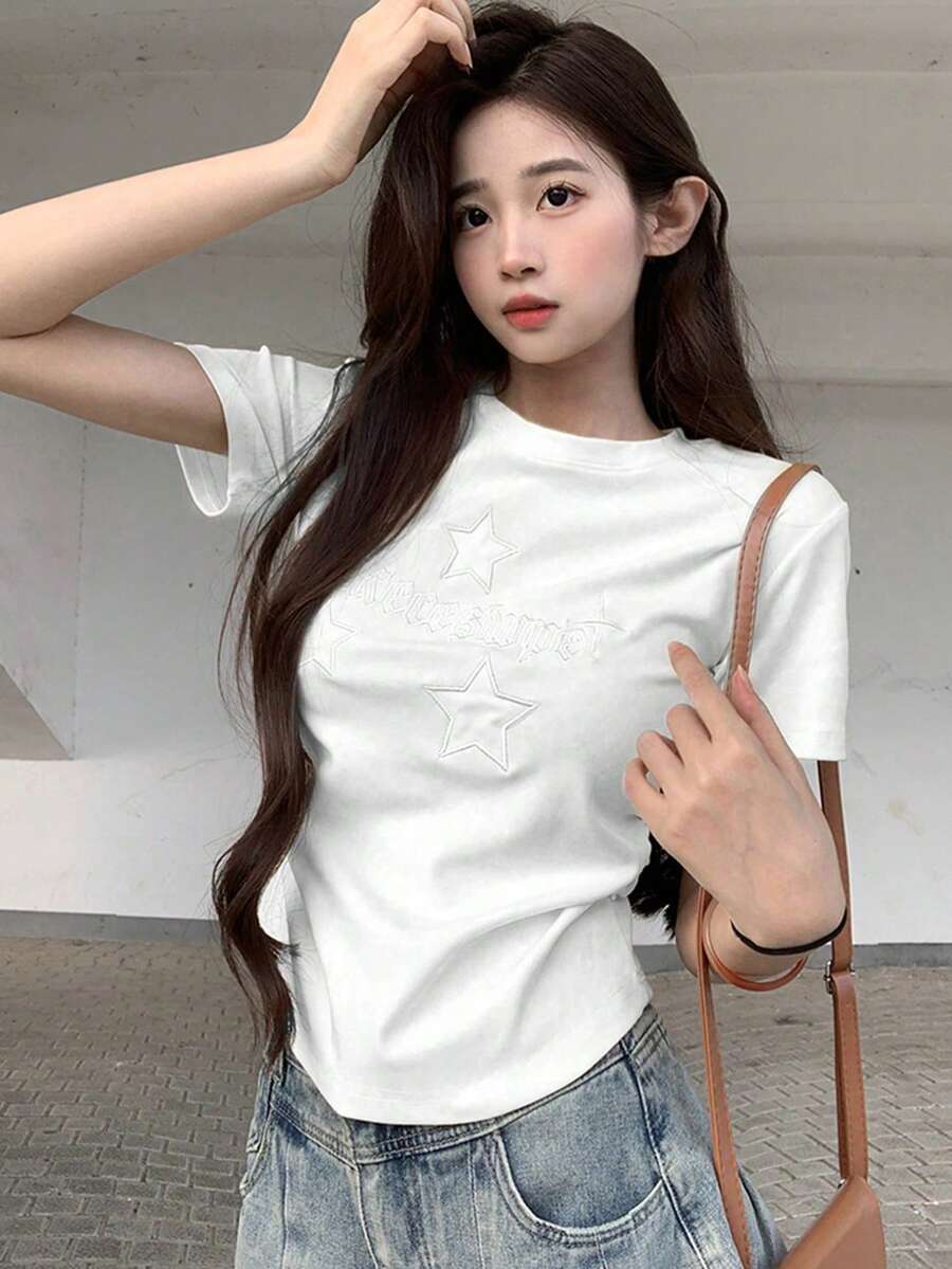 女士刺绣露肩修身圆领上衣，休闲白色夏季款 - 白色 - 查看 1