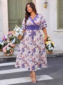 Plus Size Women's Short Sleeve Bell Sleeve Printed Maxi Dress, Contrast Color Collar Design With Front Tie - Multicolor - View 5