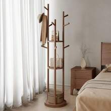 Solid Wood Rotary Coat Rack, Freestanding Coat Rack With 3 Shelves And 9 Hooks, Coat Tree For Bedroom, Entryway, Livingroom, Coat Hanger Stand For Coa - Walnut - View 2