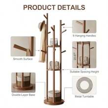 Solid Wood Rotary Coat Rack, Freestanding Coat Rack With 3 Shelves And 9 Hooks, Coat Tree For Bedroom, Entryway, Livingroom, Coat Hanger Stand For Coa - Walnut - View 5