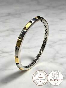 1PC Women's Two-Tone Open-Work Copper Bracelet With Clasp, Geometric Rivets And Wavy Design – Perfect For Daily Wear, Parties, Layering, And Gifting - Gold and Silver Dual-tone - Wavy - View 3
