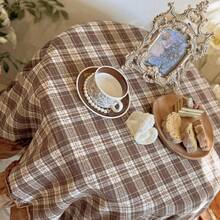 1pc French Vintage Brown Plaid Tablecloth, American Country Style Dining Table Cover, Coffee Shop Decor, Scalloped Edge Tablecloth, Suitable For Wedding, Valentine's Day And Home Decoration - Brown - View 2