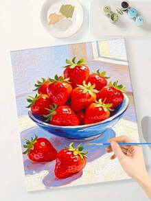 1pc Oil Painting By Numbers Kit, Strawberry DIY Art & Craft, Home Wall Decor, Canvas Oil Painting Decoration, Holiday Gift Includes Paintbrushes And Paints. - Sets - View 3