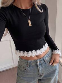 Autumn New Asymmetrical Lace Trim Patchwork Long Sleeve T-Shirt, Slim Fit Flattering Base Layer, Cropped Top - Black - View 4