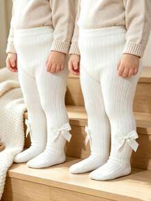 3/1pc Women Baby Bowknot Tights, Spring/Autumn Ribbed Vertical Stripe Leggings, Newborn Infant Princess Style Versatile Elastic Tights - White - View 24