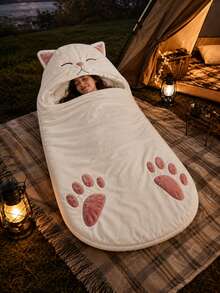 1pc Cute White Cat Adult Sleeping Bag, Hooded Full Body Sleep Sack With Cat Ears And Paw Prints, Soft Portable Bedding, Suitable For Bedroom Napping, Camping, Tent, Car, RV, Travel, Home And Indoor Rest - Multicolor - View 6