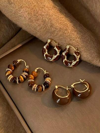 3 Pairs Vintage Oil Drop U-Shaped Hoop Earrings For Women, Minimalist Elegant Versatile Jewelry