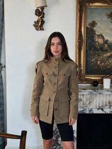 Women's Solid Color Shirt Jacket, Button Front, Dual Pockets, Lapel Collar Long Sleeve Outerwear, Autumn/Winter - Brown - View 8