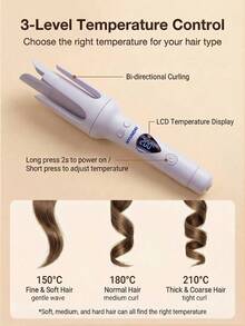 HYUNDAI 1pc Ceramic Glazed Fully Automatic Curling Iron 32MM Large Wave Slouchy Curling Tool Fast Heating Anti-Scald LCD Temperature Control Home Travel Hair Curler UK/EU Plug Optional Light Purple Gift Essential - Multicolor - View 11