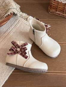 Sepatu Bot Pendek Anak Perempuan Motif Kotak-kotak Vintage dengan Pita, Resleting Dalam, Sol Lembut Anti Selip, Sepatu Bot Pendek Putri Manis untuk Musim Gugur/Dingin - Krem - View 5