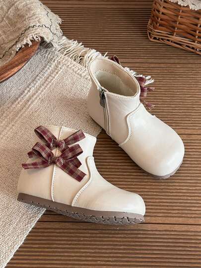 Sepatu Bot Pendek Anak Perempuan Motif Kotak-kotak Vintage dengan Pita, Resleting Dalam, Sol Lembut Anti Selip, Sepatu Bot Pendek Putri Manis untuk Musim Gugur/Dingin