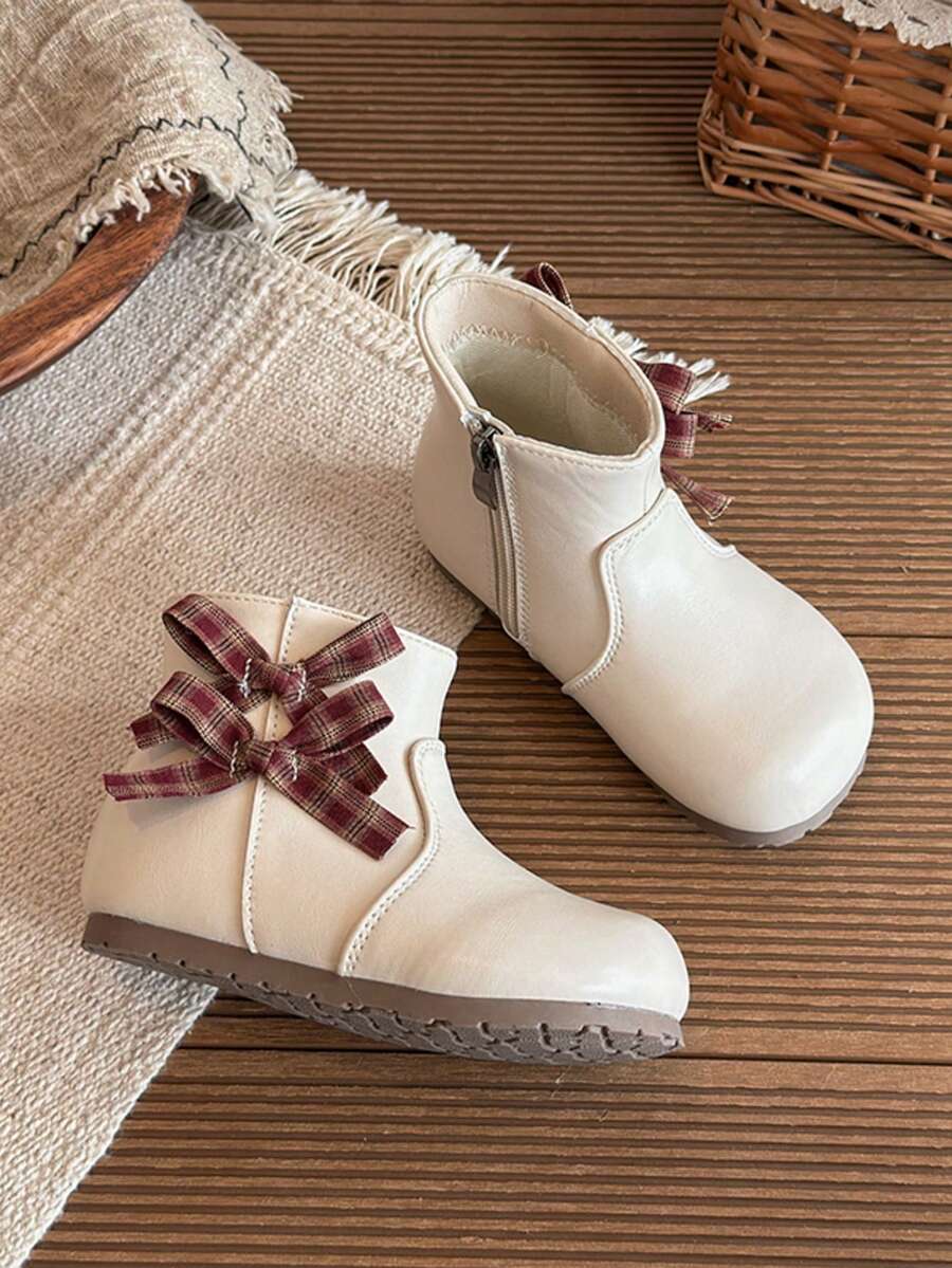 Girls' Vintage Plaid Bow Ankle Boots, Inner Zipper Soft Sole Anti-Slip Boots, Sweet Princess Ankle Boots For Autumn/Winter - Beige - View 1