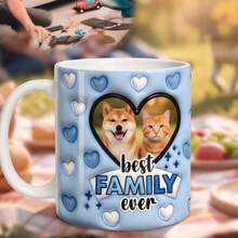 Customizable Blue Pet Photo Ceramic Mug, 11oz Capacity, Pink Heart Design, Best Family Coffee Cup, Personalized Gift For Dog And Cat Lovers - Blue - View 5