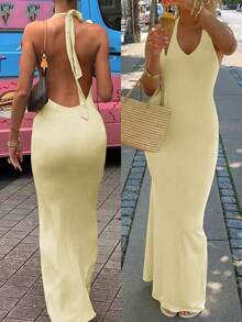 Vaiaye Women's Summer Solid Color Slim Fit Deep V-Neck Ruffle Backless Maxi Dress, Knitted High Elastic Minimalist Elegant Sleeveless Long Yellow - Yellow - View 8