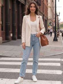 French Style Beige Loose Casual Blazer, Classic Lapel Two-Button, Dropped Shoulder Relaxed Fit, Minimalist Solid Color, Versatile For Any Inner Layer, Suitable For Commuting And Travel, Spring And Autumn All-Match Elegant Women's Blazer Jacket - Apricot - View 7