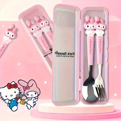 Bộ 2 món dao dĩa du lịch bằng thép không gỉ Sanrio hoạt hình ngẫu nhiên đóng hộp - Bộ thìa và dĩa cầm tay, hộp đóng gói ngẫu nhiên, kiểu dĩa ngẫu nhiên
