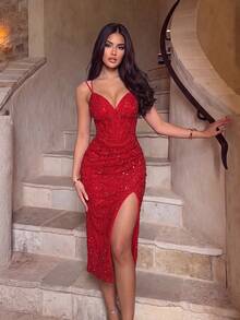 ADYCE Elegant Spaghetti Strap Waisted Backless Bodycon Tie-Back Sequin Midi Prom Gown Homecoming Wedding Guest Ball Date Night Christmas Birthday Party - Red - View 5