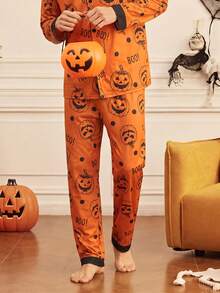 Notgurli 4-Piece Couples' Set: Women's & Men's Halloween Pajamas Button-Front Loungewear Fun Comfortable Pumpkin-Print Loungewear For Autumn/Winter - Multicolor - View 9
