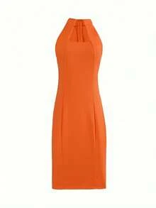 Women's Elegant Solid Color Zipper Shoulder Exposed Dress, Suitable For Party And Date In Summer - Orange - View 5