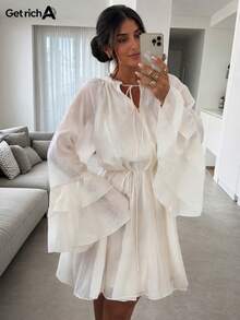 2026 Summer Women's Vacation Dress, Flare Sleeve Skirt, Loose A-Line Cut Spring/Summer Series White Elegant - White - View 2