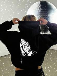 Autumn Women's Hoodie With Praying Hands Print And Cross Pendant Chain Design On Back - Black - View 2