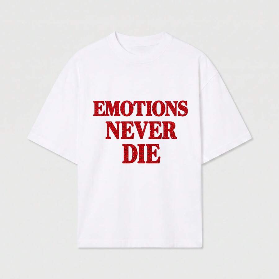 Oversized Unisex T-Shirt In Soft Breathable Cotton With Faded Vintage Graphic Print Emotions Never Die For Casual Outfits And Everyday Wear - White - View 1