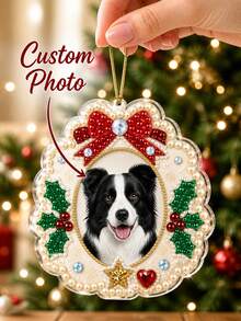 Custom Photo Pet Pearl Painting Kit, DIY 3D Diamond Art Ornament With Bows & Holly, Princess Castle Style Suncatcher Hanging Decor For Home Christmas Tree, Handmade Keepsake Craft Gift For Women Pet Lovers - Multicolor - View 1