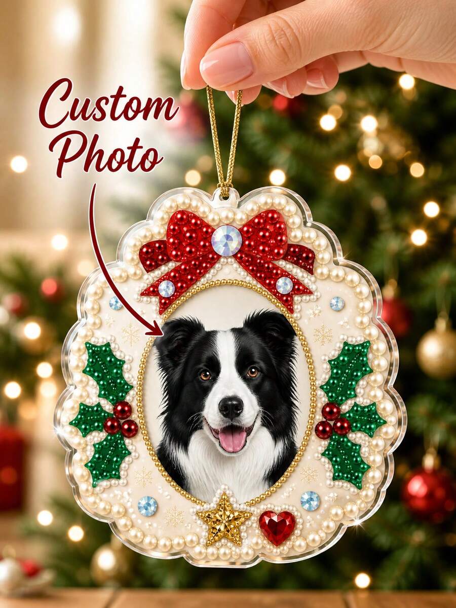 Custom Photo Pet Pearl Painting Kit, DIY 3D Diamond Art Ornament With Bows & Holly, Princess Castle Style Suncatcher Hanging Decor For Home Christmas Tree, Handmade Keepsake Craft Gift For Women Pet Lovers - Multicolor - View 1