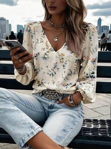 Women's Pink Floral Random Print V-Neck Blouse, Lightweight Linen Printed Shirt, Long Sleeve Puff Sleeve Loose Casual Top, Breathable Flowy Blouse, Suitable For Daily Wear, Vacation, Yoga, Outdoor Activities, Spring Summer Autumn Fashion Random Print Women's Shirt - Milky - View 7