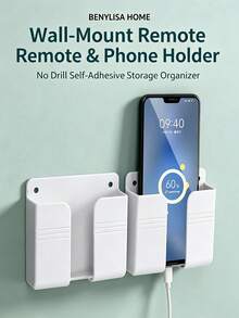 2‑In‑1 No Drill Wall Storage Combo Set, Self‑Adhesive Wall‑Mount Phone & Remote Control Holder + Magnetic Remote Wall Sticker, Multi‑Purpose Home Organizer For Bedroom Living Room - Phone Remote Control Stand - View 8