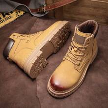 Men's Vintage Distressed High-Top Ankle Boots Lace-Up Thick Sole Outdoor Hiking Combat Boots - Yellow - View 5