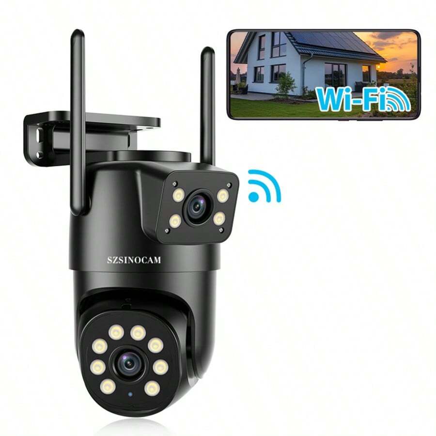szsinocam 1 buah Kamera PTZ WiFi Dual-Lens 720P, Kamera Pemantauan Luar Ruangan Nirkabel 2.4G, Didukung USB (Tanpa Baterai Internal), Deteksi Manusia AI, Penglihatan Malam Berwarna Penuh, Peringatan Gerak