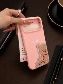 Personalized Customized Faux Lychee Texture Hard Shell Couple Embroidered Bear Phone Case, Name Letter Customization, Suitable For Apple 18 17 16 15 14 Pro Max 13 12 11 Plus - Chocolate Brown - View 6