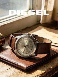 DIESEL Vintage Men's Watch Gold Dial Gold Logo Brown Leather Strap Minimalist Personalized Large Number Casual Wristwatch - Gold - View 1