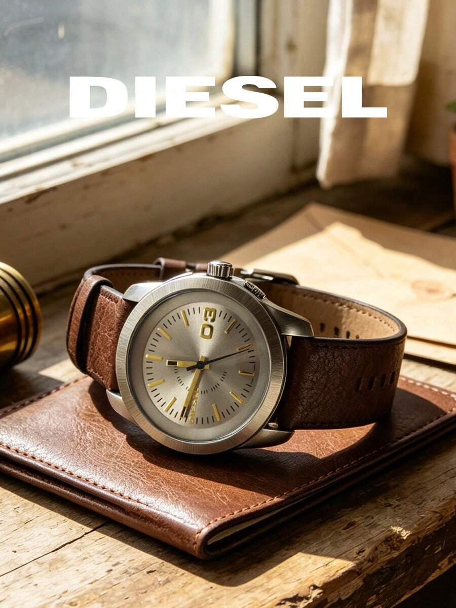 DIESEL Vintage Men's Watch Gold Dial Gold Logo Brown Leather Strap Minimalist Personalized Large Number Casual Wristwatch - Gold - View 1