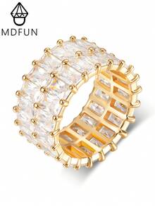 MDFUN 18K白金/鍍金女士永恆戒指，單排/雙排全鋪滿立方鋯石戒圈，誇張款婚禮可疊戴指環 - 金色-2 排 - 查看 1