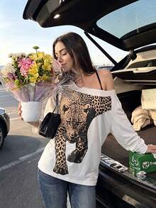 Women's Loose Slouchy Leopard Print Tee, Convertible Off‑Shoulder Crew Neck, Hot‑Girl American Style, Fall Daily Back‑To‑School Commuter Top - White - View 4