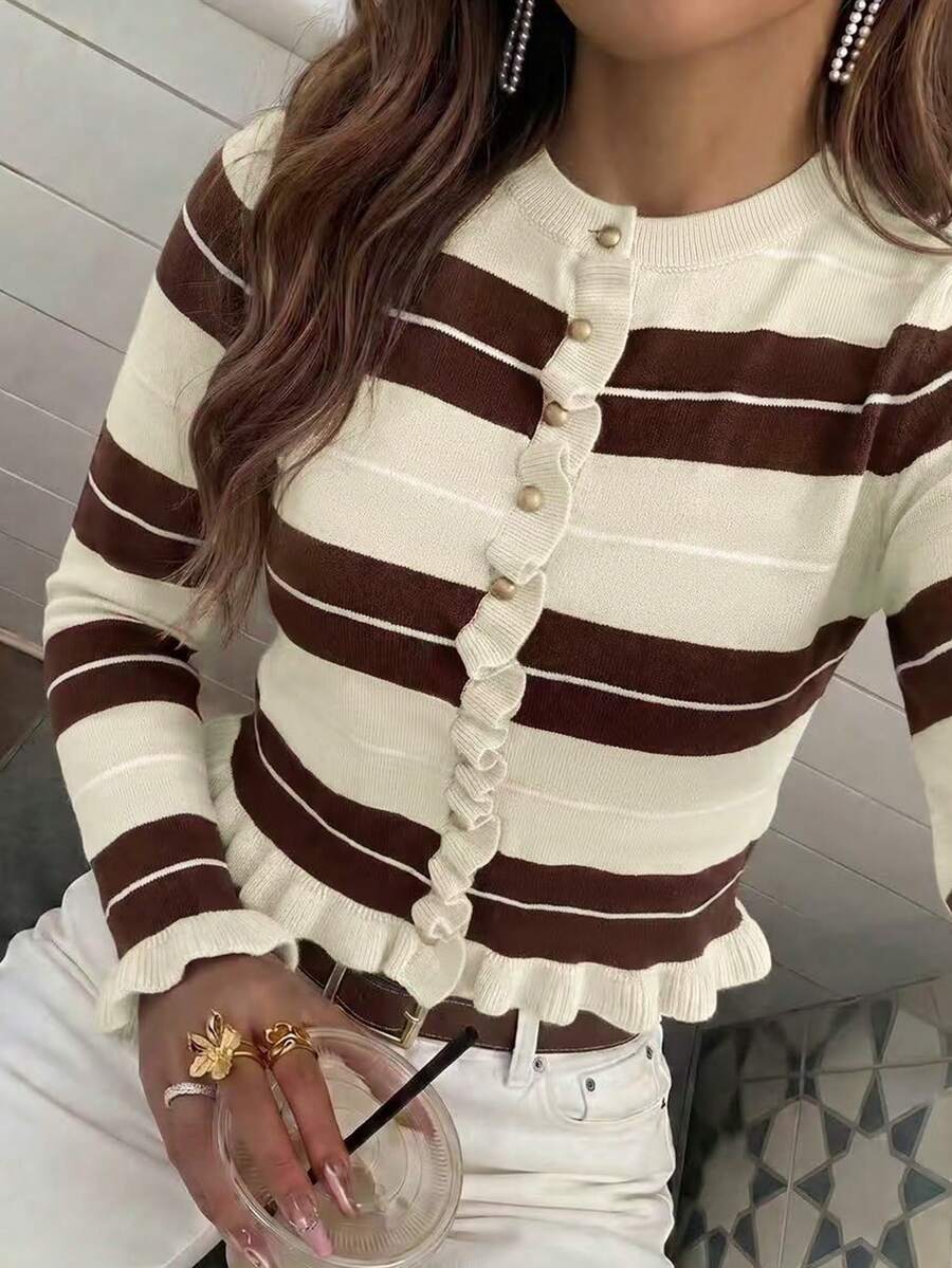 Women's Autumn/Winter Casual Elegant Blue Striped Contrast Color Metal Button Ruffle Trim Knit Long Sleeve Cardigan Sweater, Back To School Season