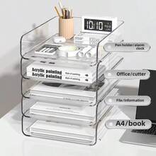 1 Set Clear PET Desktop File Organizer Set, Stackable Paper Document Tray & Upright Book File Sorter Combo, Transparent Desk Storage Holder For Papers, Books, Office Desk Supplies - Sets - View 6