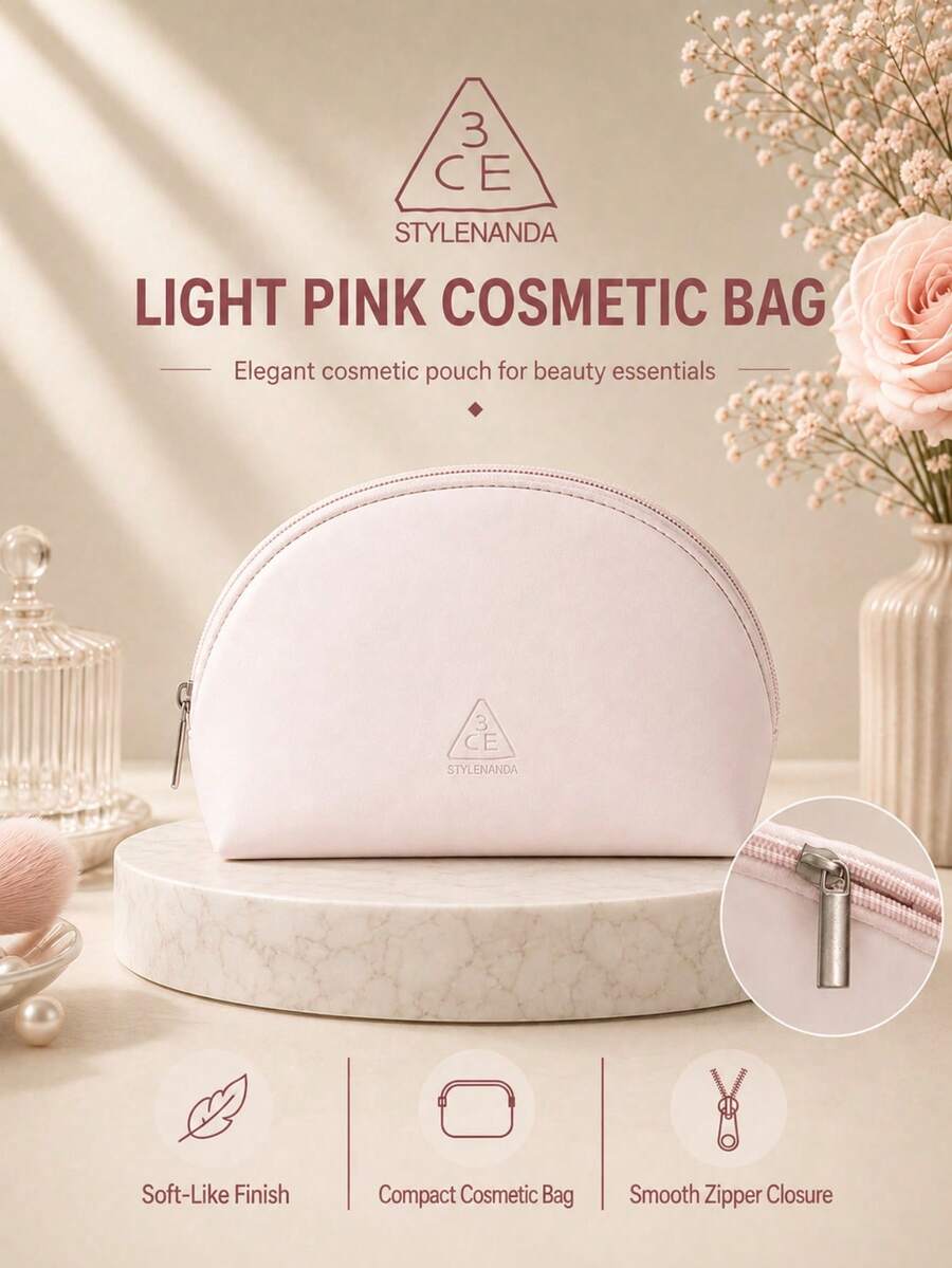 3CE Sanxi Jade Light Pink Makeup Bag, Soft Light Pink Fabric, Zipper Closure, Large Capacity, Lightweight And Soft, Multi-Functional Storage, Portable For Commuting, Travel, And Home Use