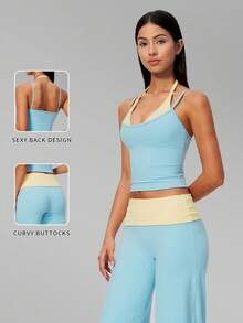 MFVIM Women's Skin-Friendly Yoga Set, Spaghetti Strap Camisole Top + Colorblock Wide Leg Pants - Baby Blue - View 4