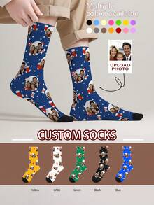 1 Pair Customizable Men's Mid-Calf Socks With Face Pattern, Can Print Any Face On Socks, Personalized Photo Socks, Fun Customized Image Mid-Calf Socks, Suitable For Valentine's Day, Birthday, Gift, Halloween And Other Occasions, Personalized Christmas - Multicolor - View 13