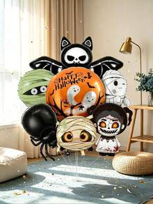 7pcs Halloween Theme Foil Balloons, Includes Ghost, Mummy, Bat And Spider Patterns, Suitable For Halloween Party, Haunted House Decoration, Store Display, Bar Event, Home Decor And Ghost Festival Theme Party Decoration - A - View 1