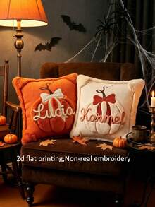 1pc Pumpkin Throw Pillowcase With Custom Name,2D Flat Print Fall Halloween Sofa Decor Accent,Non-Real Embroidery Print,No Pillow Core - Orange - View 6
