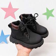 1 Pair Girls' Black Contrast Color Lace-Up Ankle Boots, Suitable For Autumn/Winter Daily School And Outing Wear - Black - View 5