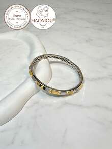 1PC Women's Two-Tone Open-Work Copper Bracelet With Clasp, Geometric Rivets And Wavy Design – Perfect For Daily Wear, Parties, Layering, And Gifting - Gold and Silver Dual-tone - Wavy - View 13