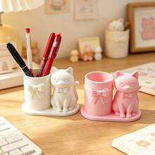 1pc 3D Printed Bowknot Cute Cartoon Cat Pen Holder, Suitable For Children's Desks In Schools And Daycare, Partitioned For Organization And Sorting - Multicolor - View 4