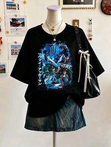 Attack On Titanss Leviss Ackerman Anime Collage Graphic T‑Shirt, Plus Size Women Oversized Pure Cotton Manga Fan Tee For Daily Outfit & Loungewear - Black - View 1