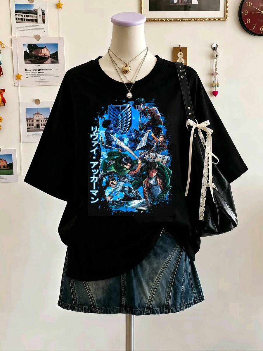 Attack On Titanss Leviss Ackerman Anime Collage Graphic T‑Shirt, Plus Size Women Oversized Pure Cotton Manga Fan Tee For Daily Outfit & Loungewear - Black - View 1