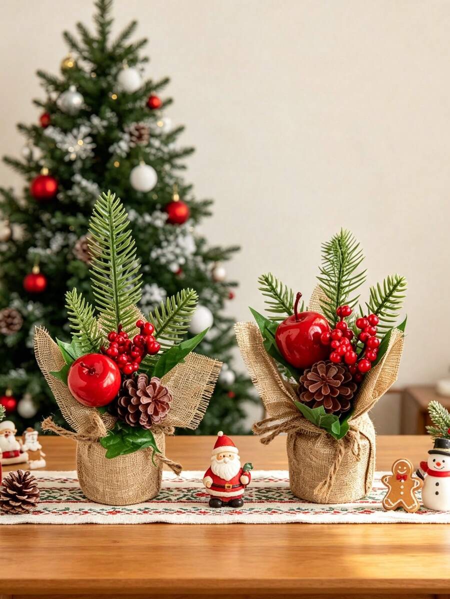1PC Artificial Mini Christmas Tree With Red Berries, Apples, And Pinecones, Suitable For Christmas Decorations, Table Decorations, Home Decor, Birthday Gifts - Red - View 1